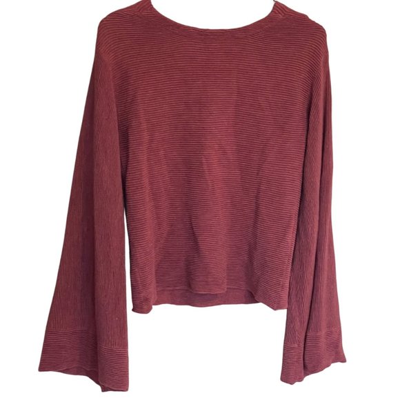 Free People XS Ribbed Bell Sleeve V- Neck Sweater Top Burgundy - Picture 3 of 7